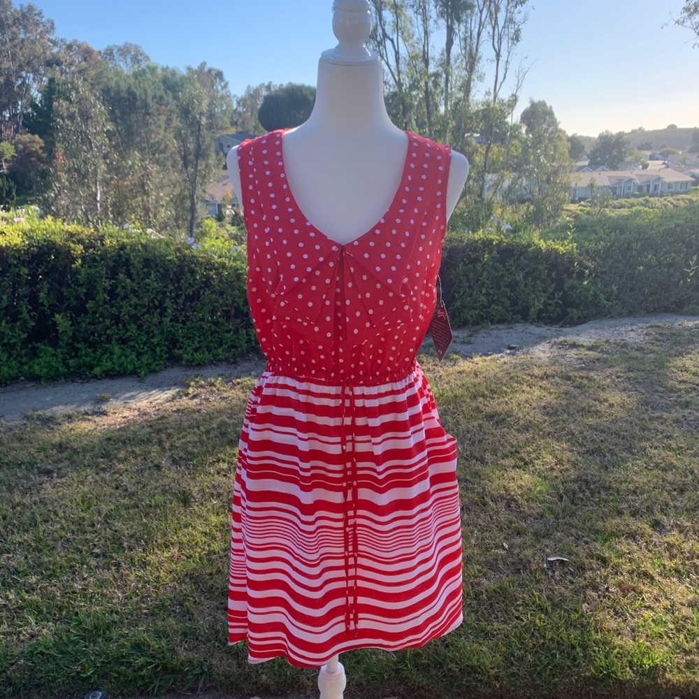 Red and white stripped dress.